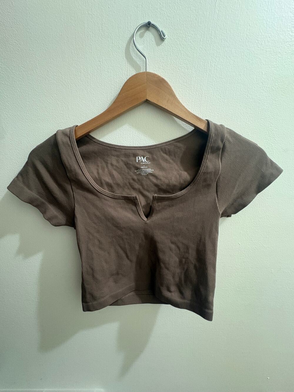 Trendy PacSun "Pac Cares" Ribbed Seamless Notched Crop Tee